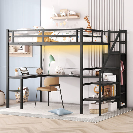 Full Size Loft Bed with L-shaped Desk and USB, Metal Loft Bed with Wardrobe and Adjustable Shelf, High Loft Bed with LED for Kids Teens Adults, Black