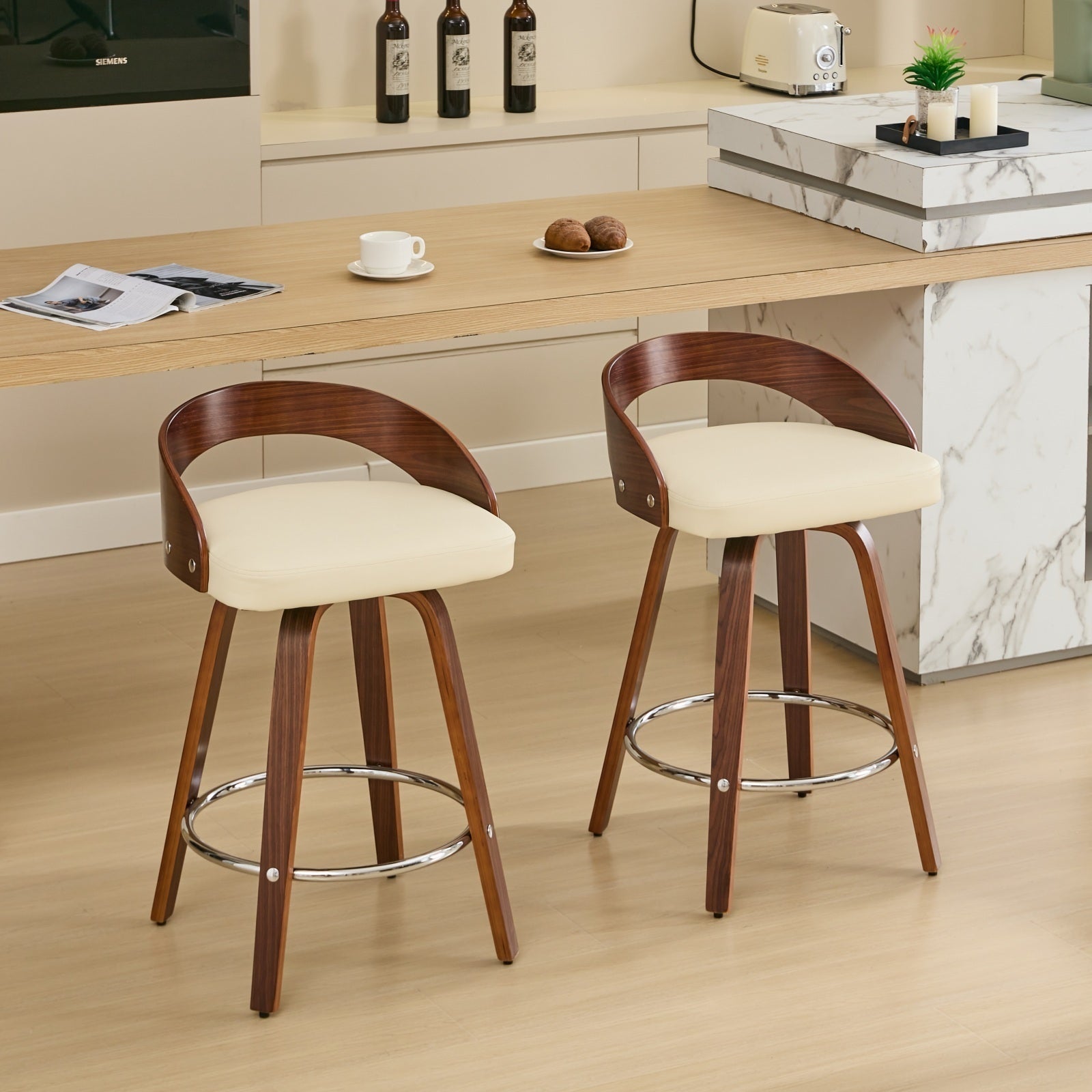 Bar Stools Set of 2, Swivel Bar Height Stools with Low Back, Wood Bar Chairs with Soft Cushion Seat, 25-Inch Seat Height (Beige, 25" Counter Height)