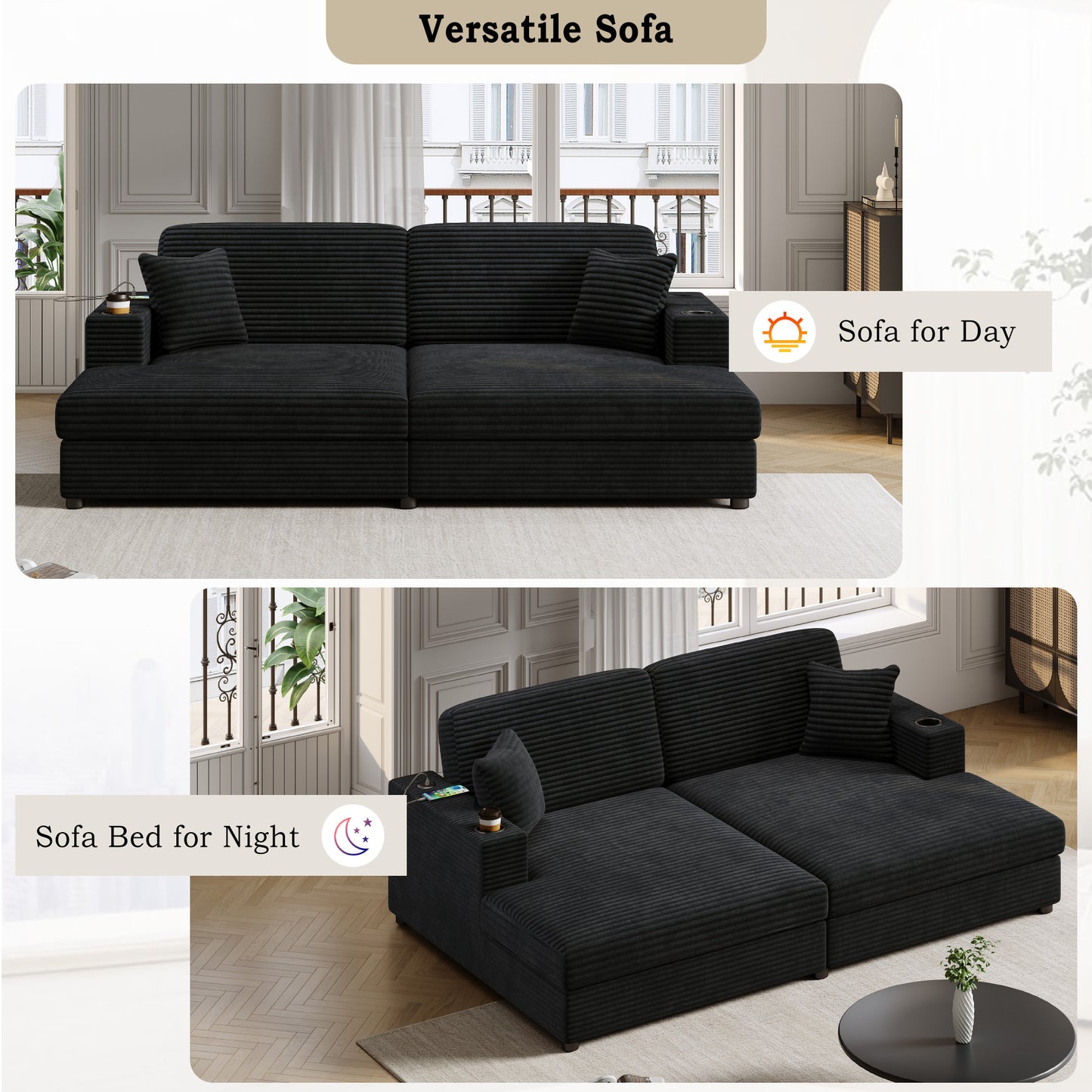 86.5" Oversized Loveseat Chaise Lounge Sectional Sofa Bed Corduroy Sleeper Sofa with Two USB Ports , Two Cup Holders and Two Throw Pillows for Living Room and Bedroom, Black