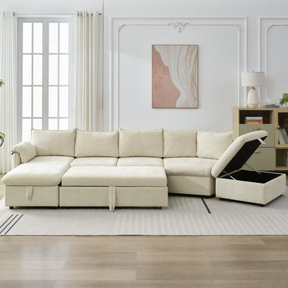 146.9" L-shaped Sofa Sectional Sofa Couch Pull-out Sofa Bed with a Movable Storage Ottoman, a Storage Chaise Lounge and Two USB Ports for Living Room, Beige