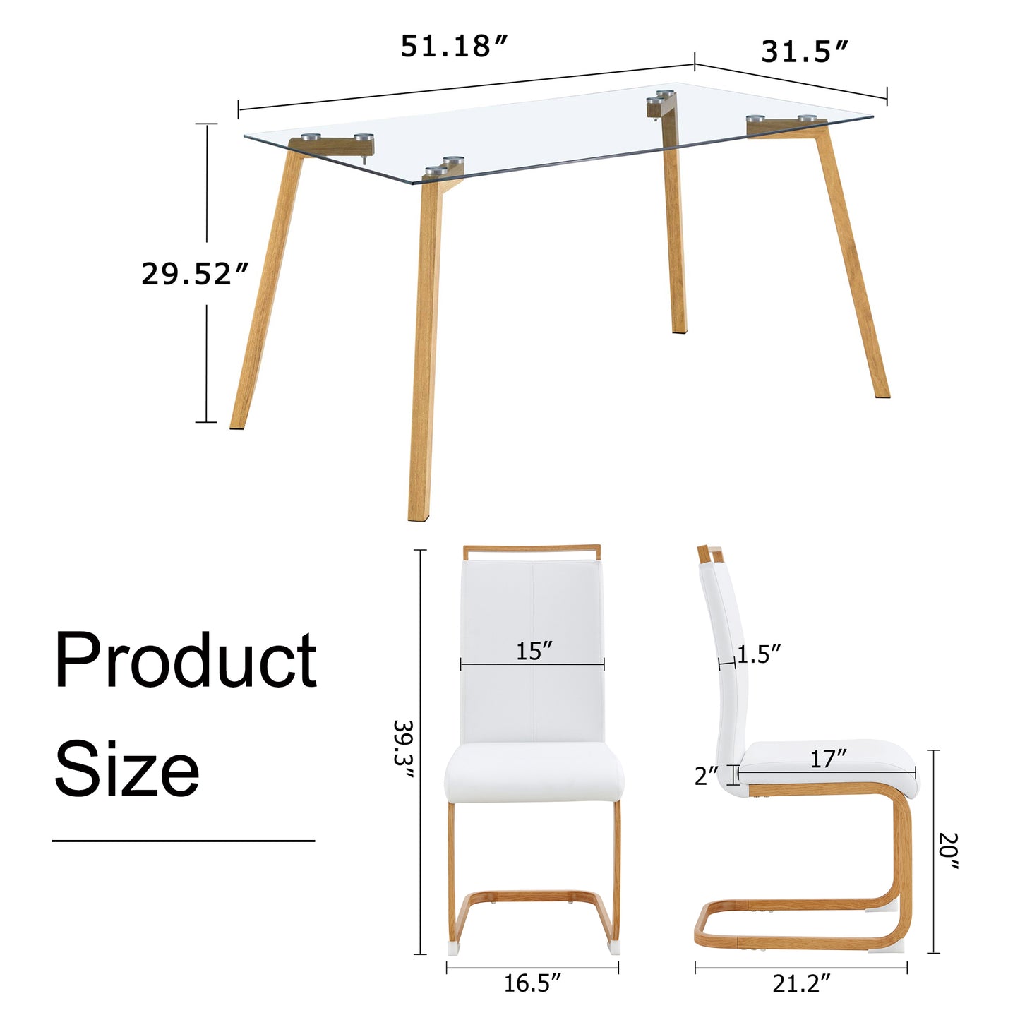 Table and chair set. 1 table and 4 white chairs. Glass dining table with 0.31 "tempered glass tabletop and metal legs. PU leather high back upholstered chair with wood color C-tube metal leg.1123 1162