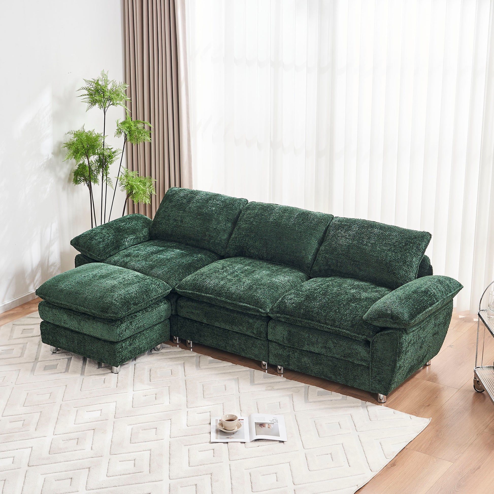 Modern Deep 3-Seat Sofa Couch with Ottoman, Polyester Sofa Sleeper Comfy Upholstered Furniture for Living Room, Apartment, Studio, Office, Green