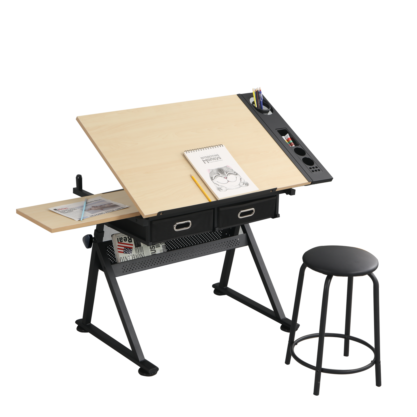 adjustable drawing drafting table desk with 2 drawers for home office and school with stool(wood)