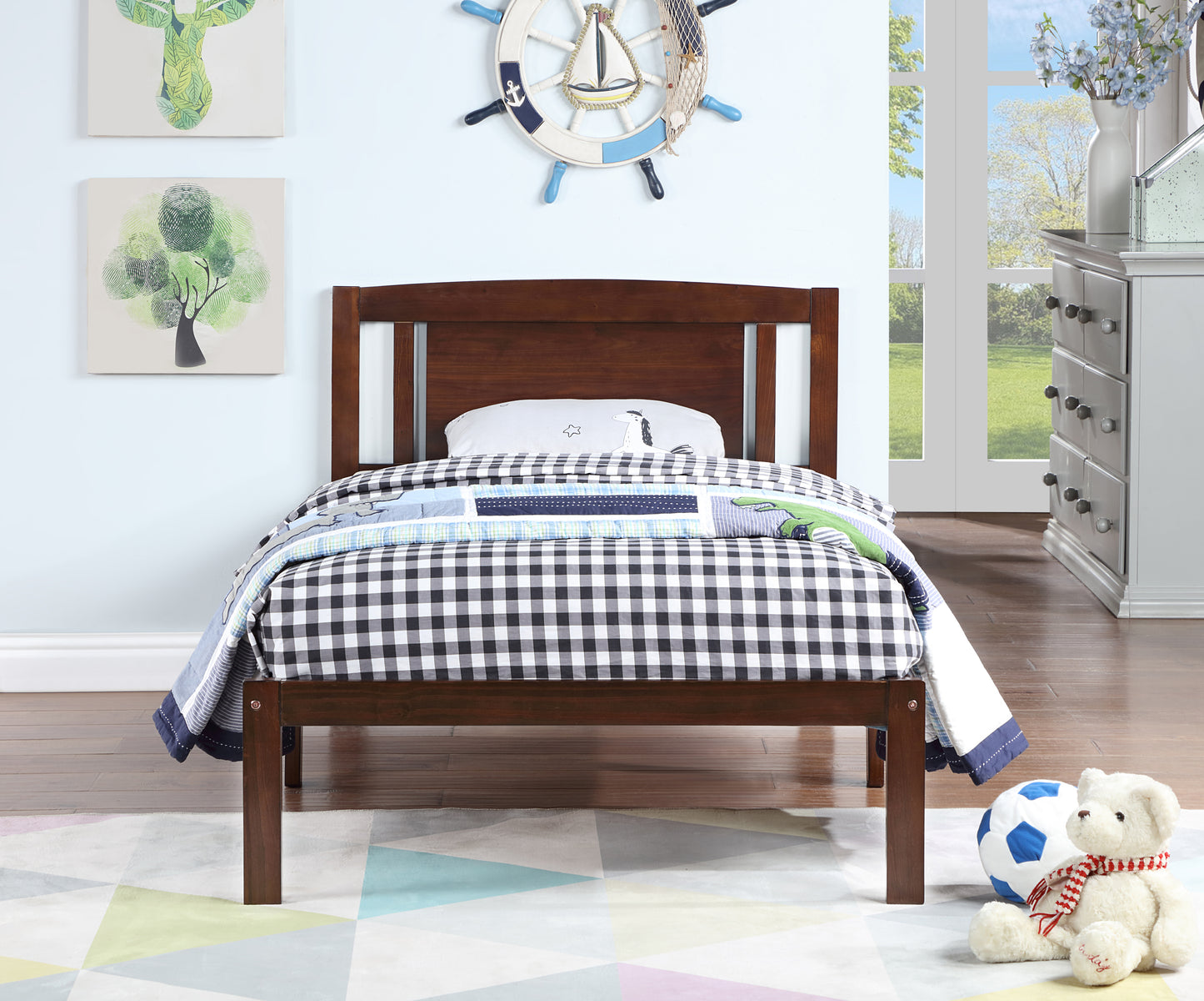 Twin Size Bed, Wood Platform Bed Frame with Headboard For Kids, Slatted, Dark Walnut