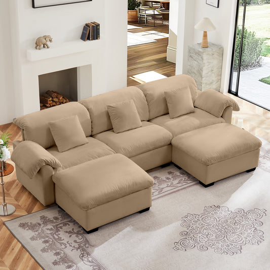 Extra Large and Deep Seat 3 - Seat U Shaped Sectional Sofa Couch With Storage Seats and Storage Ottomans, Modern Velvet 3 Seater Sofa With Soft Backrest and Seat Cushion,Tan