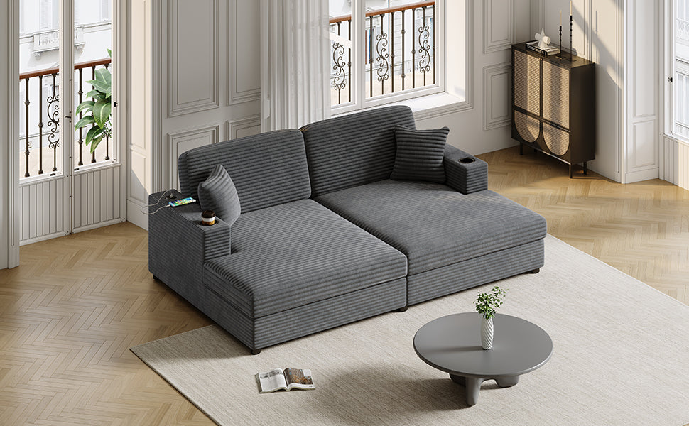 86.5" Oversized Loveseat Chaise Lounge Sectional Sofa Bed Corduroy Sleeper Sofa with Two USB Ports , Two Cup Holders and Two Throw Pillows for Living Room and Bedroom, Dark Gray