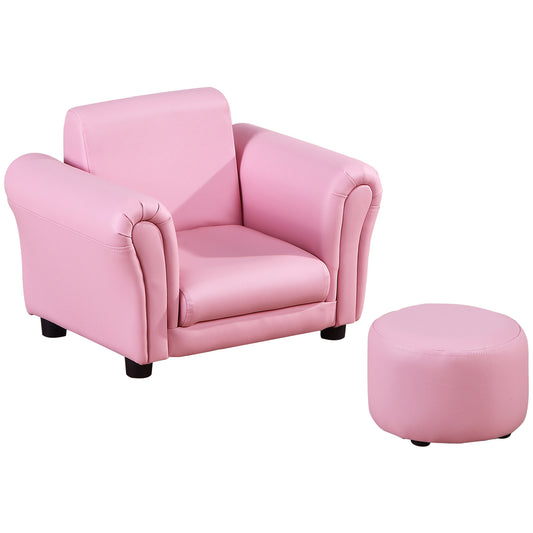 Kids Sofa Set with Footstool, Upholstered Armchair for Kids 18M+, Baby Sofa for Playroom, Children's Bedroom, Nursery Room, Pink