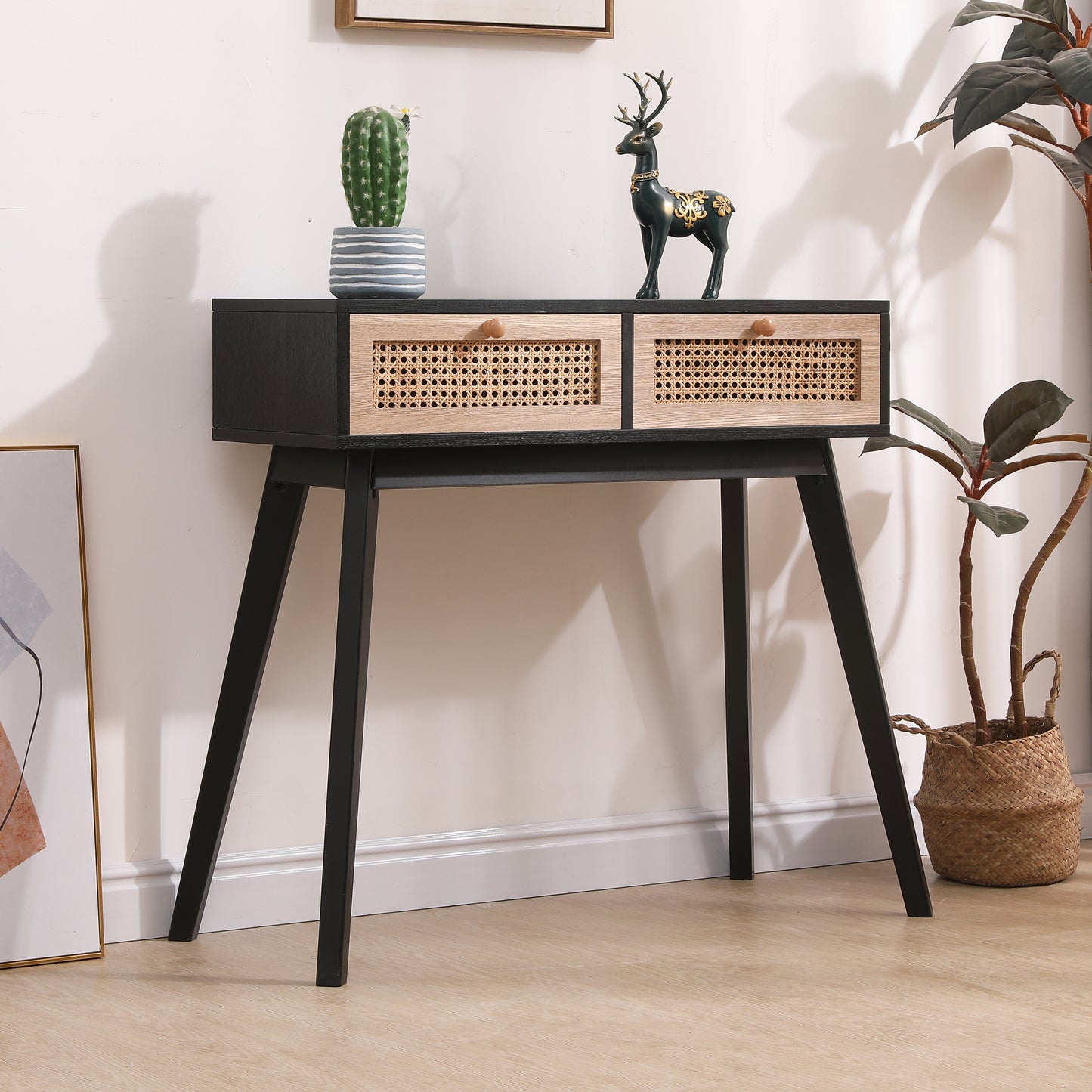 Side table with two real rattan drawers, solid wood table legs,can be used in the dining room, living room,bedroom,entrance,black