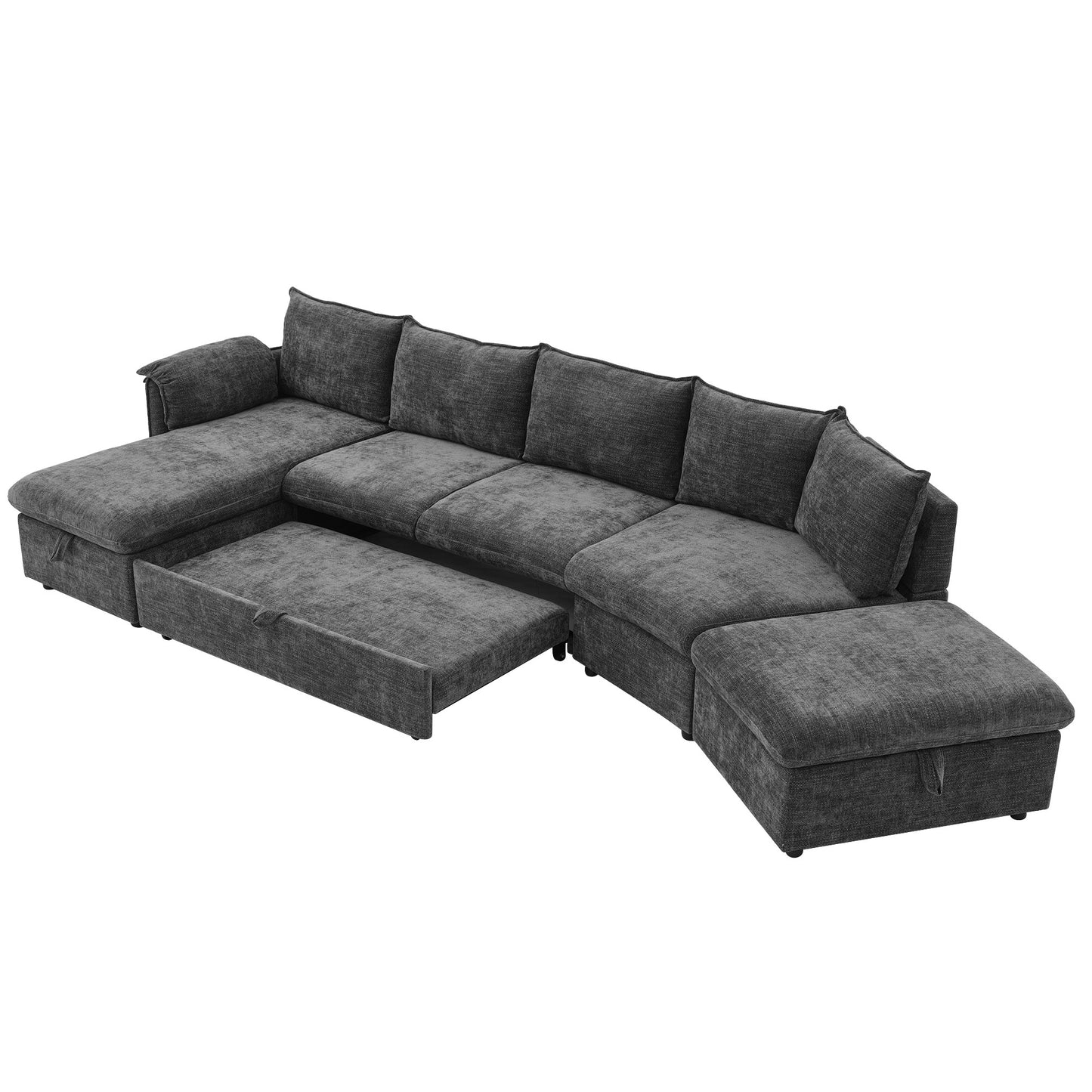 146.9" L-shaped Sofa Sectional Sofa Couch Pull-out Sofa Bed with a Movable Storage Ottoman, a Storage Chaise Lounge and Two USB Ports for Living Room, Grey