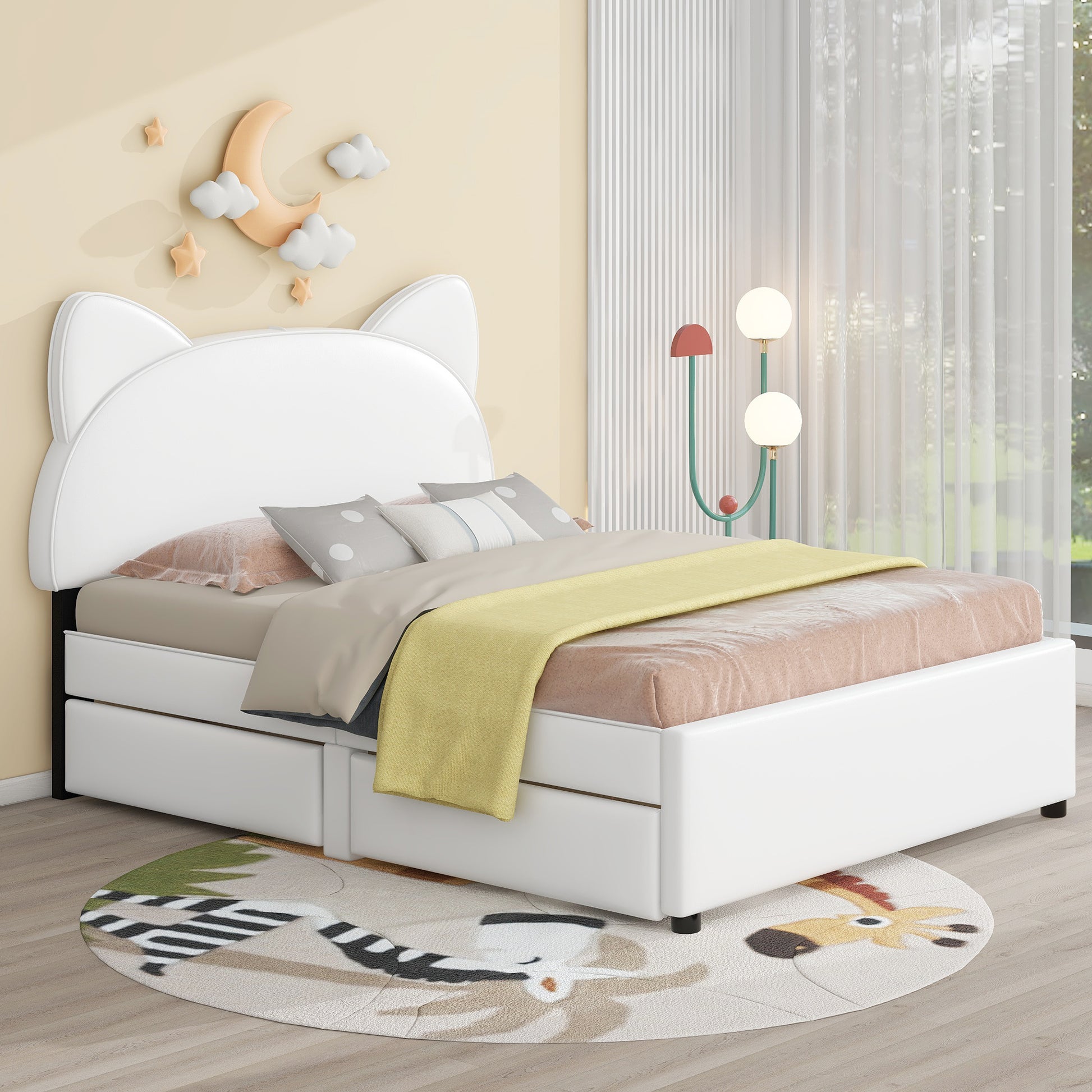 Full Size Upholstered Platform Bed with Cartoon Ears Shaped Headboard and 2 Drawers, White