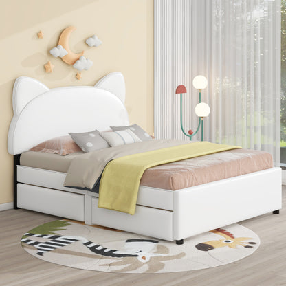 Full Size Upholstered Platform Bed with Cartoon Ears Shaped Headboard and 2 Drawers, White