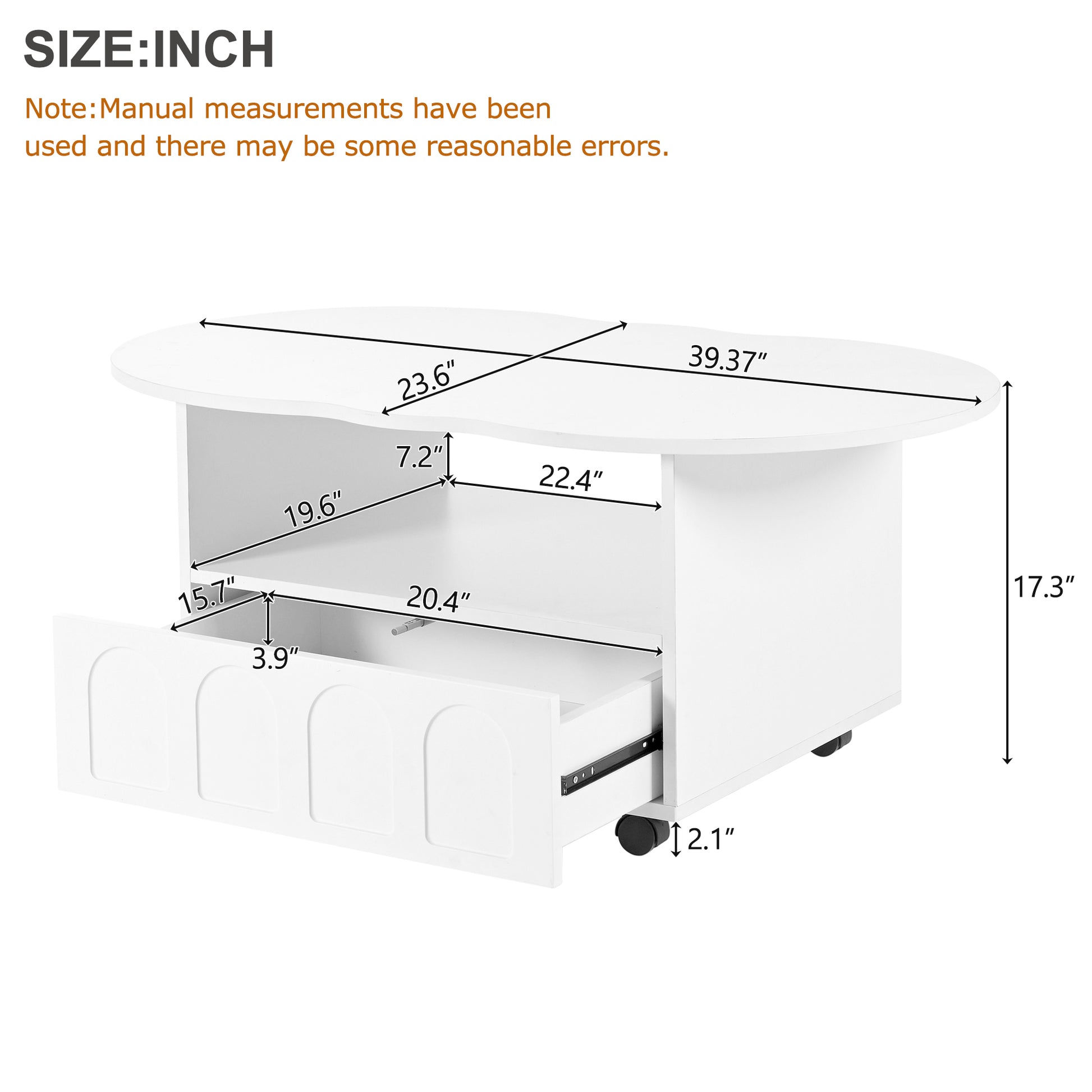 ON-TREND Flexible Cream Style Coffee Table with 2 Brake Wheels, Cloud Top Side Table with Drawer, Irregular Center Table with Large Storage for Living Room, White, 39.37''x 23.6''