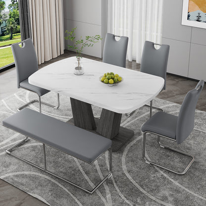 Dining Table Set for 6, 6 Piece Dining Table Set, Faux Marble Table Top and Modern Design MDF Base with 4 PU Leather Ergonomic Dining Chairs&1 Bench