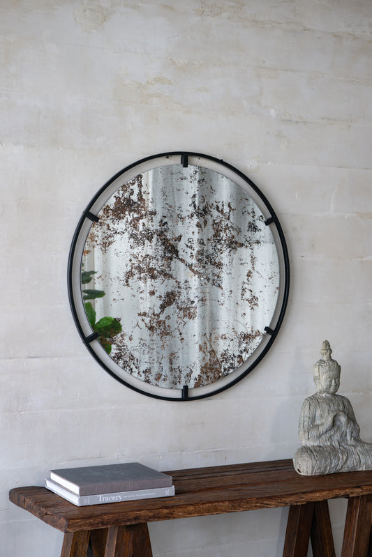 D31.5x0.5" Theodor Mirror with industrial design Round Mirror with Metal Frame for Wall Decor & Entryway Console Lean Against Wall