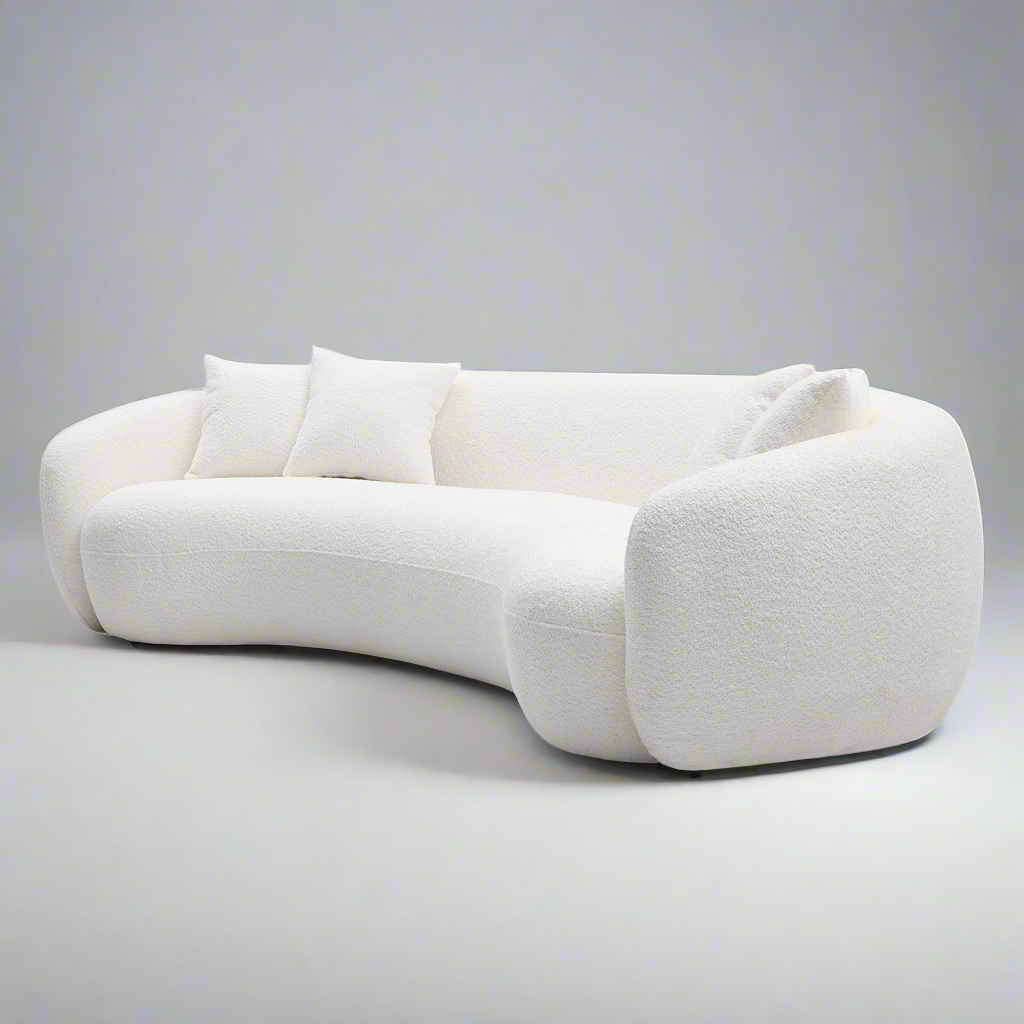 White Curved Modern Boucle 5-Seater Half Moon Sofa w/ Pillows