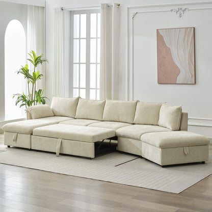 146.9" L-shaped Sofa Sectional Sofa Couch Pull-out Sofa Bed with a Movable Storage Ottoman, a Storage Chaise Lounge and Two USB Ports for Living Room, Beige