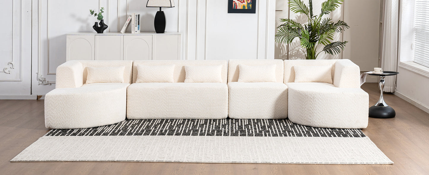 143.7" Upholstered Sofa Free-combined Sofa Couch with Two Chaise Lounge and Five Back Pillows for Living Room, Beige