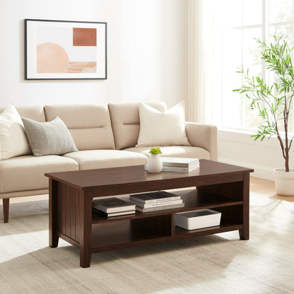 Coastal Grooved Panel Coffee Table with Lower Shelf – Dark Walnut