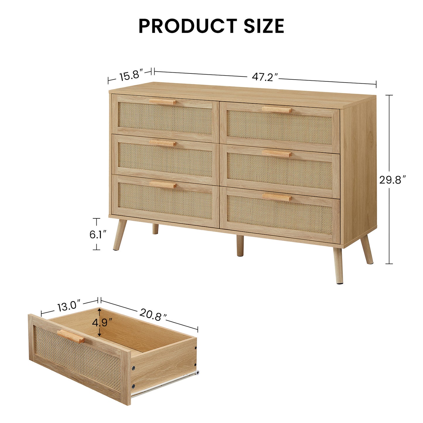 Bedroom dresser, 6 Double Dresser with rattan drawers, wood chest of drawers for kids room, living room, entry and hallway, Natural, 47.2'' W x 15.8'' D x 30'' H.