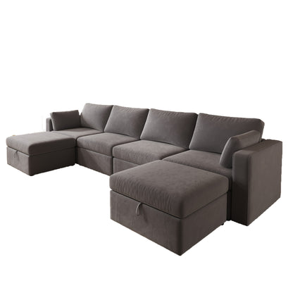 Modern Velvet Modular Sectional Sofa, L Shape Convertible Sofa Set with Pillows, Oversized Sectional Couches with Storage Ottomans for Living Room, Loft, Apartment, Office - Dark Gray 5 Seats