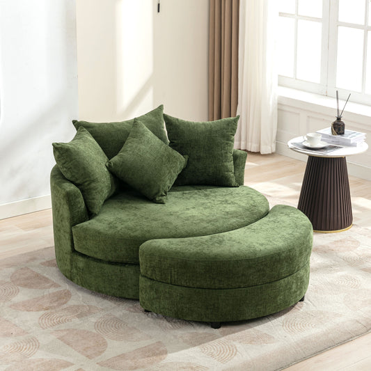 Orisfur. 360° Swivel Accent Barrel Chair with Storage Ottoman & 4 Pillows, Modern Chenille Leisure Chair Round Accent for Living Room, Green