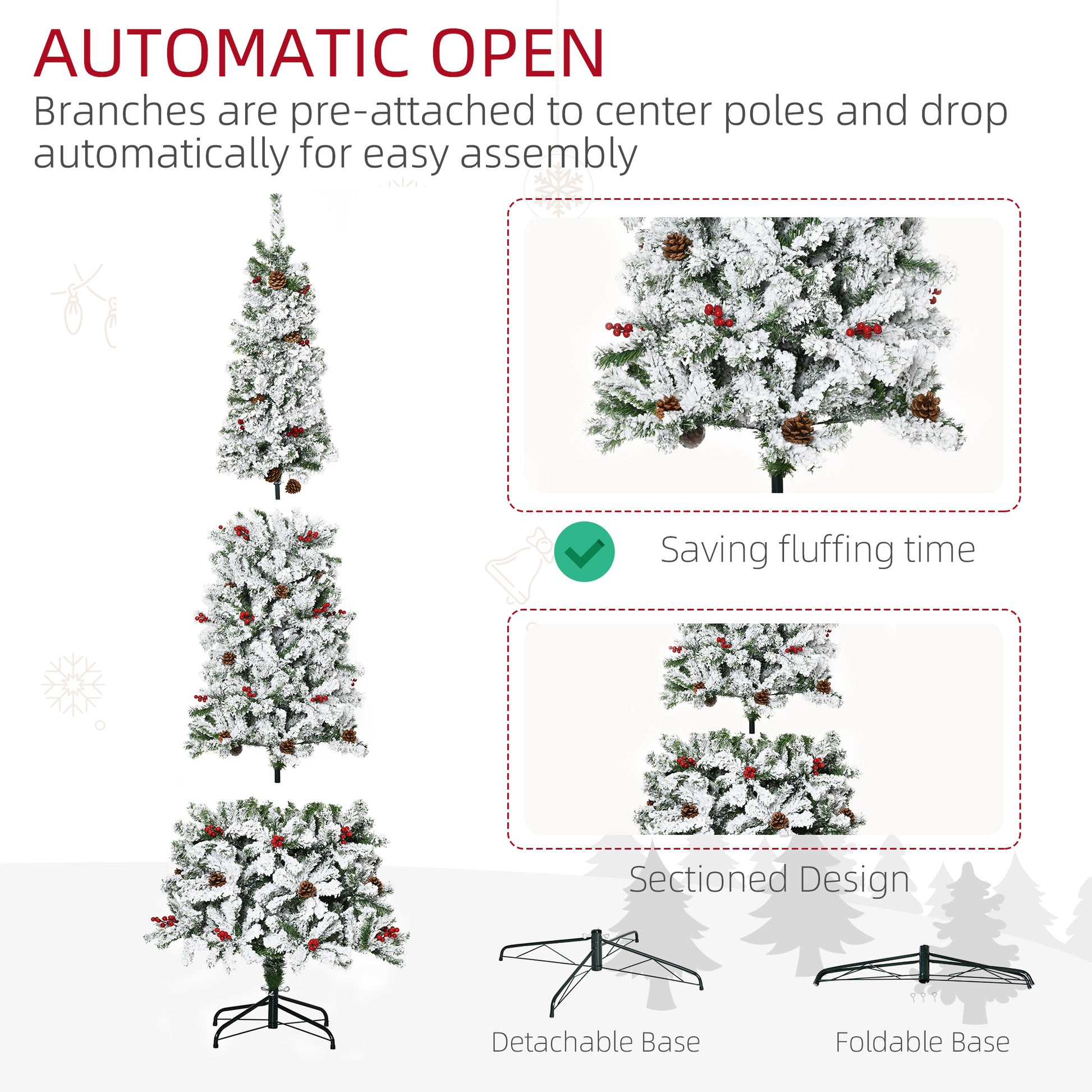 HOMCOM 7.5' Pencil Snow Flocked Artificial Christmas Tree with 600 Pine Realistic Branches, Pine Cones, Red Berries, Auto Open, Green