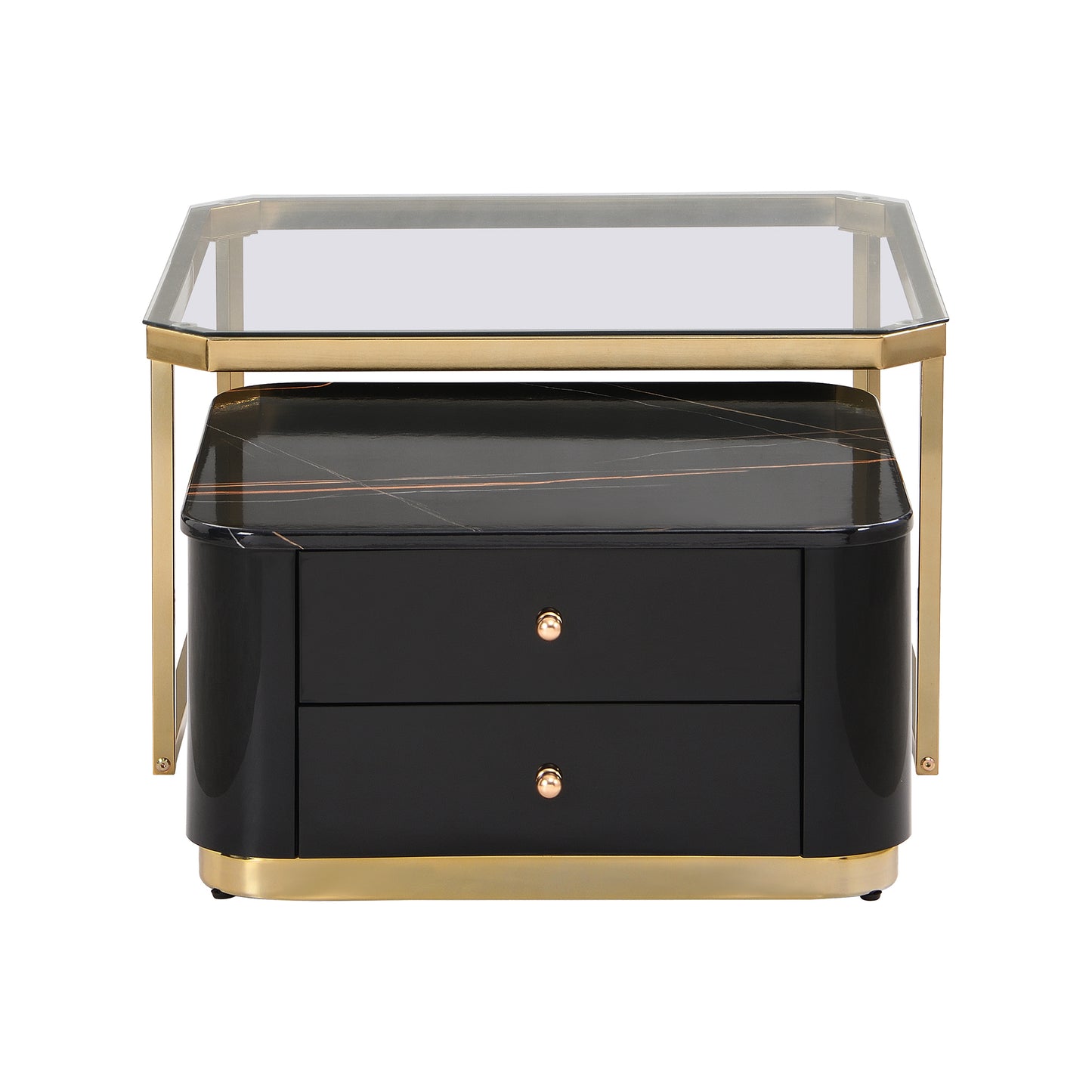 Modern 2 Pieces Black  Square Nesting  Coffee Table with Drawers & Electroplated gold legs in 27.6''