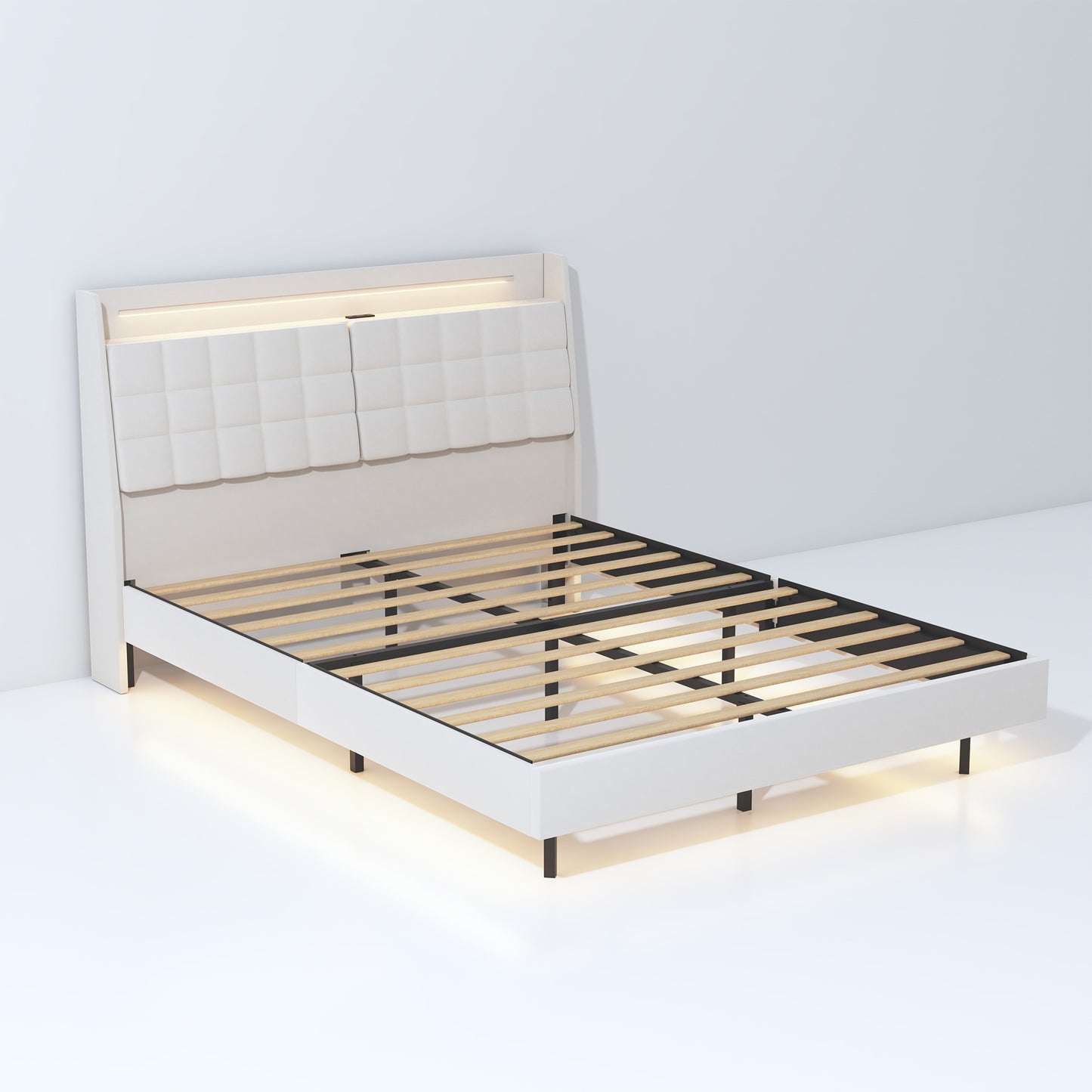 Queen Floating Bed Frame with LED Light and Charging Station Upholstered Platform Bed Frame Queen Size with Headboard and Hidden Storage Space, No Box Spring Needed, Beige