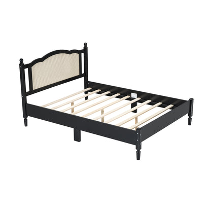 Queen Size Wooden Platform Bed with Natural Rattan Headboard, Vintage Bed Frame with Wooden Slat Support, Black