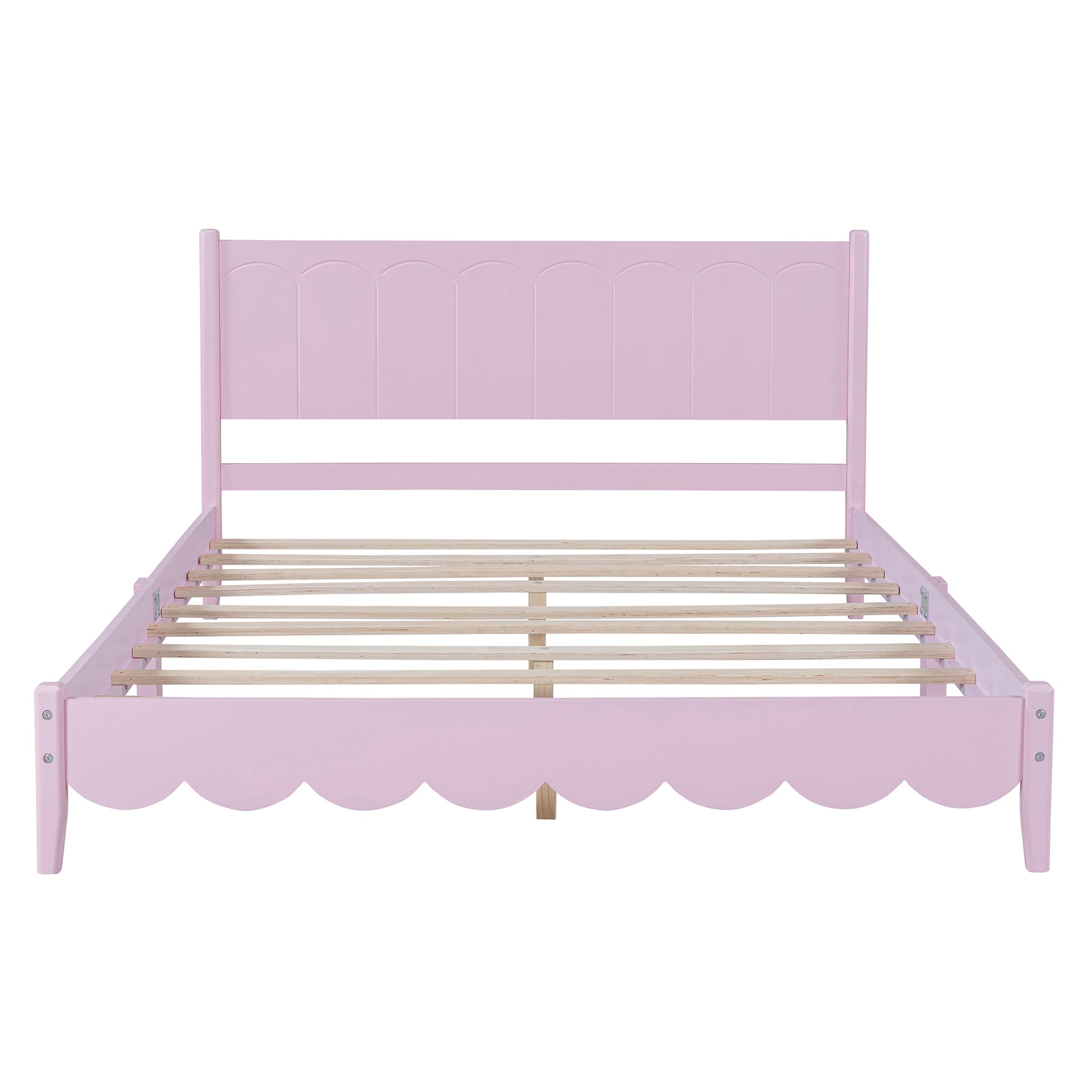 Queen Size Wood Platform Bed Frame, Retro Style  Bed with Rectangular Headboard,No Need Box Spring,Pink