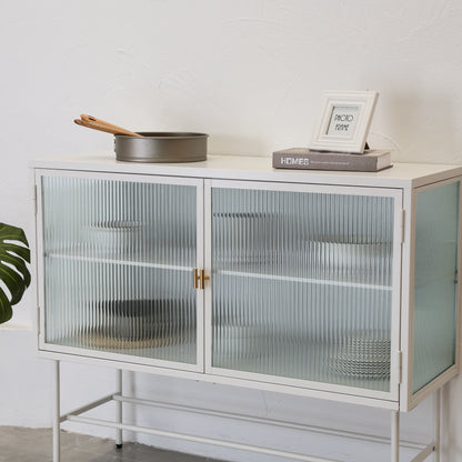 White Sideboard Storage Cabinet With Two Fluted Glass Doors Detachable Shelves Bottom Space for Living Room, Office, Dinging Room and Entryway