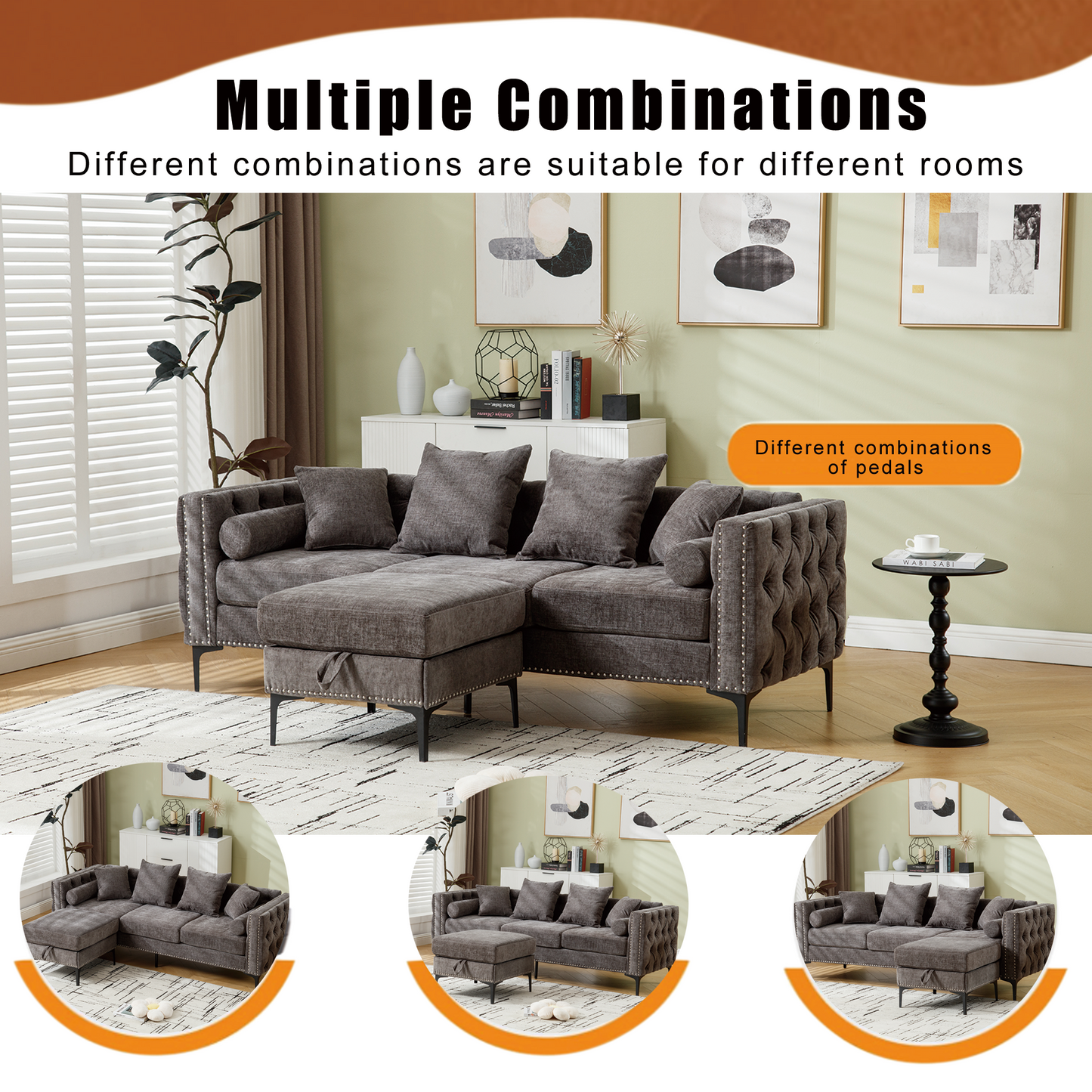 [NEW ARRIVED] [VIDEO PROVIDED]L Shaped Sectional Sofa , Convertible Storage Ottoman,Chenille ,Square Arm,  Modern Tufted Couch ,3 Seater, And Nailhead, Dark gray