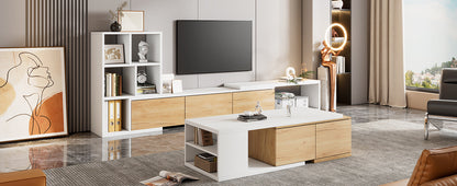 ON-TREND Extendable TV Stand and Coffee Table Set with 3 Tier Bookshelves for Living Room