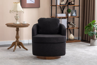 035-Boucle Fabric Swivel Accent Chair With Soild Wood Round Brown Base Leg,Black