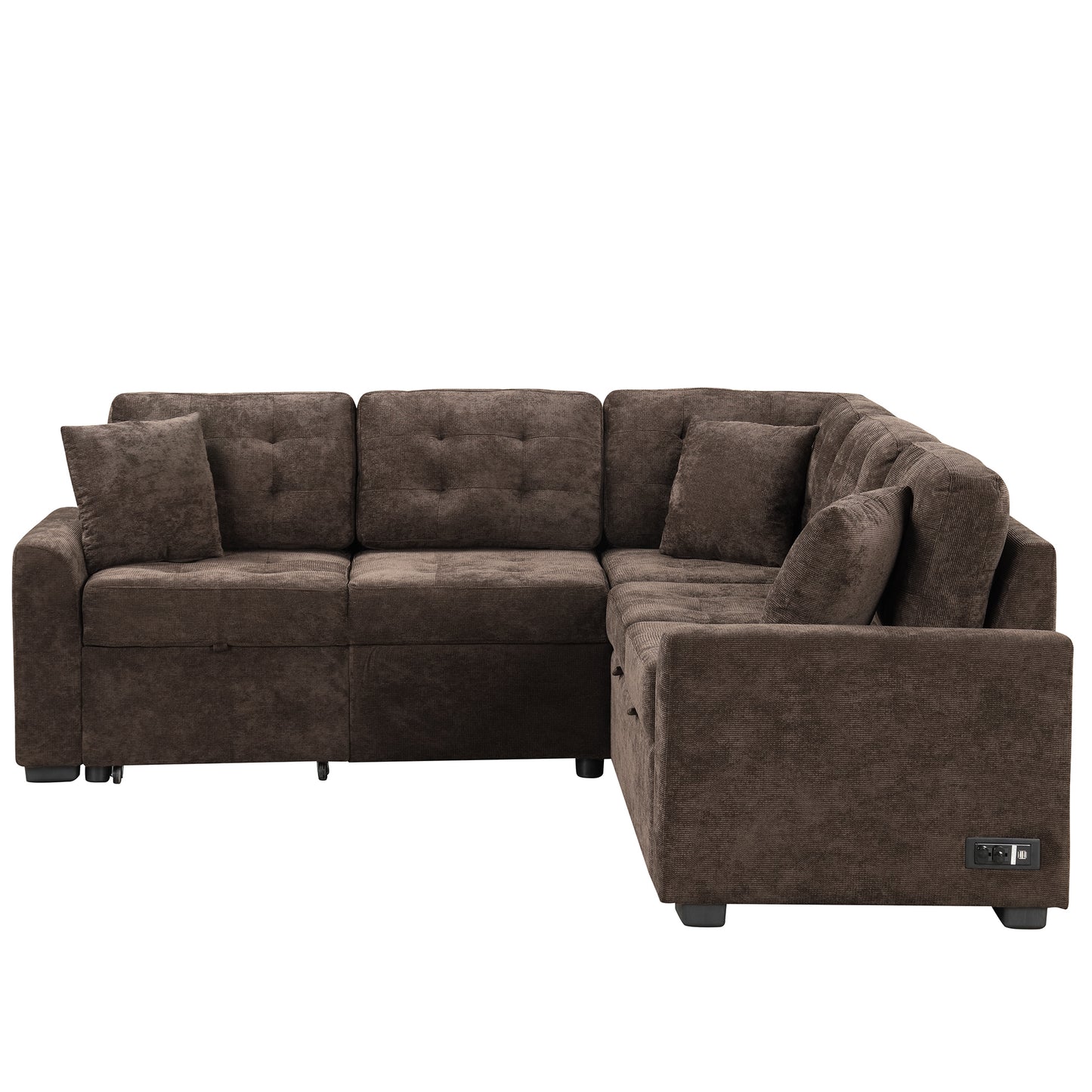 82.6" L-shape Sofa Bed Pull-out Sleeper Sofa with Wheels, USB Ports, Power Sockets for Living Room, Brown