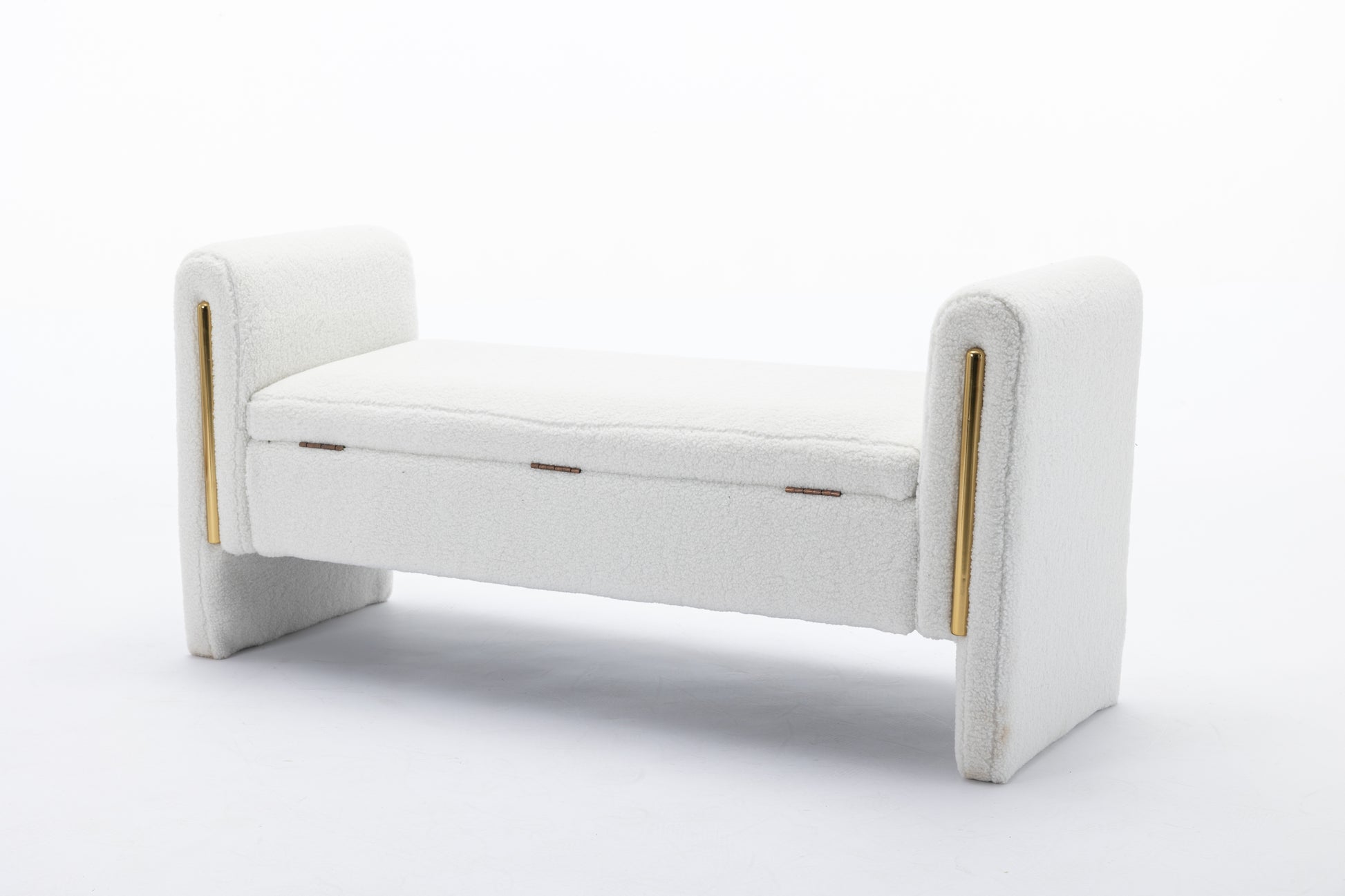 032-Teddy Fabric Storage Bench Bedroom Bench With Gold Metal Trim Strip For Living Room Bedroom Indoor,Ivory