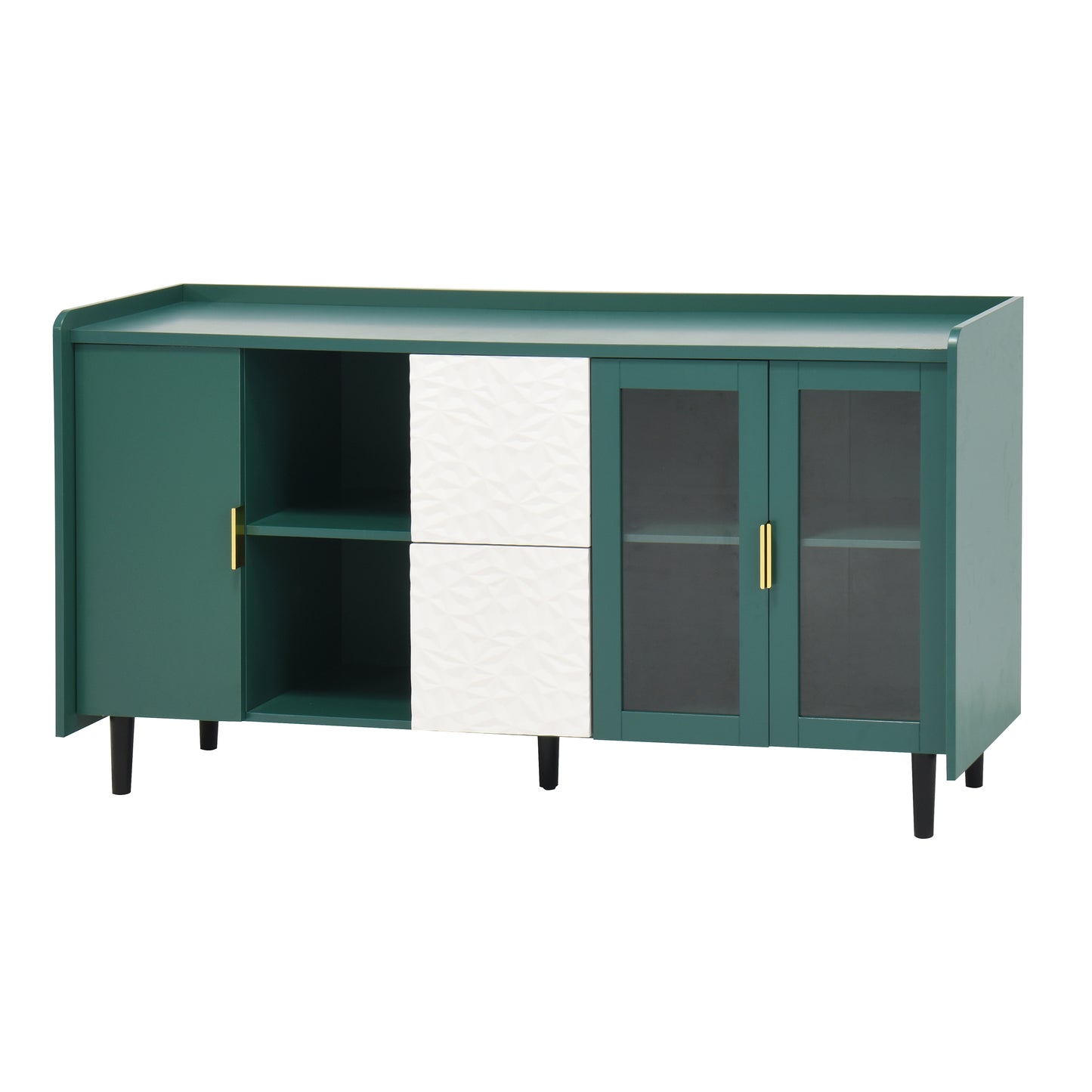 Modern Kitchen Pantry Storage Cabinet , 55" Coffee Bar Storage Cabinet with 2 Drawers, 2 Open Storage Compartment & 2 Glass Doors, Wood Buffet Table for Kitchen, Living Room, Green