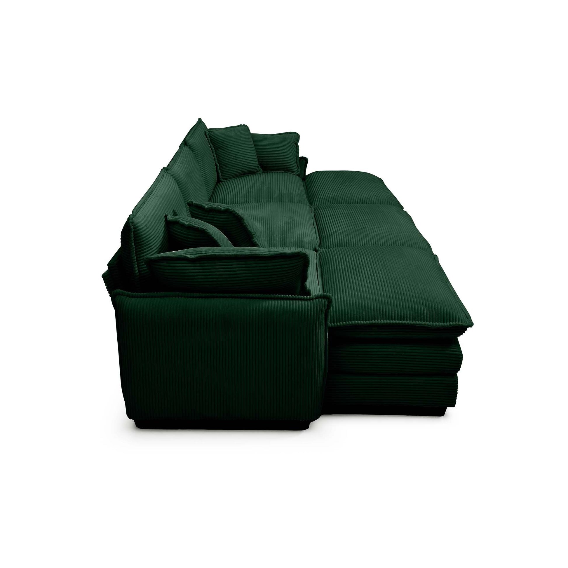 Oversized modular cushioned sofa,with 3 ottomans to work as sleeper sofa beds, 3-seater sofa with 3 footstools,Green corduroy fabric