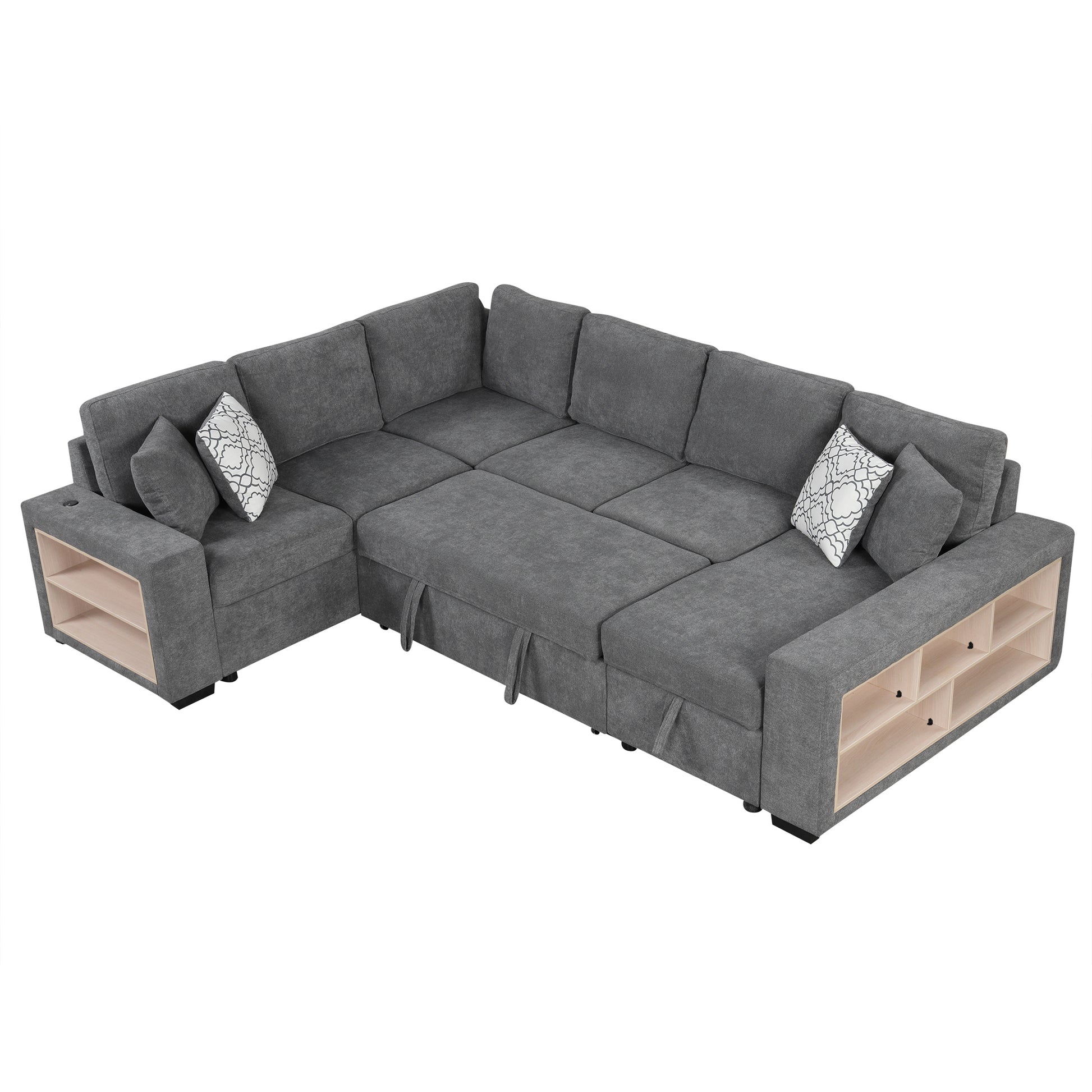 109" U-shaped Sectional Sofa Pull-out Sofa Bed with Two USB Ports, a Storage Chaise Lounge and Four Back Pillows for Living Room, Grey