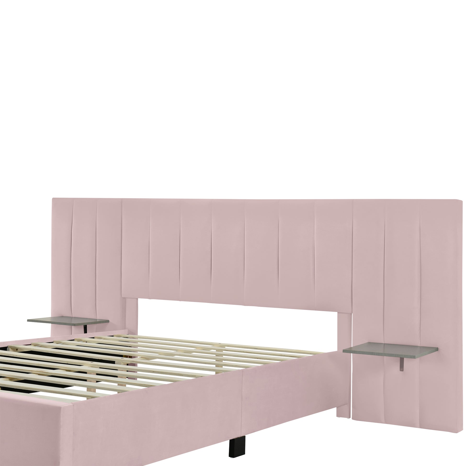 Queen Size Upholstered Platform Bed with Big Headboard, Bedroom Furniture, Velvet, Pink