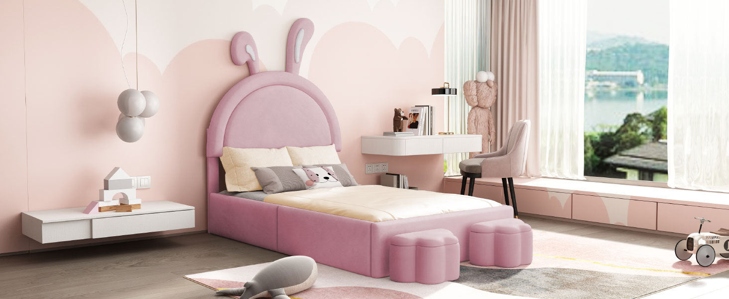 Twin size Upholstered Rabbit-Shape Bed with 2 Storage Stools, Velvet Platform Bed with Cartoon Ears Shaped Headboard, Pink