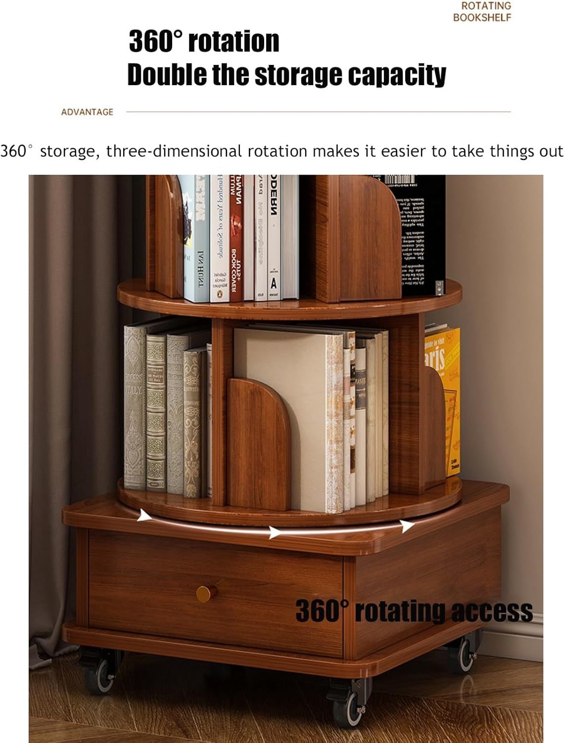 Rotating Bookshelf, 360 Display Corner Bookshelf for Small Space, 6 Tier Bookcase Storage Rack with Wheels, Wood Narrow Organizer for Bedroom, Living Room, Study Room, Walnut Brown