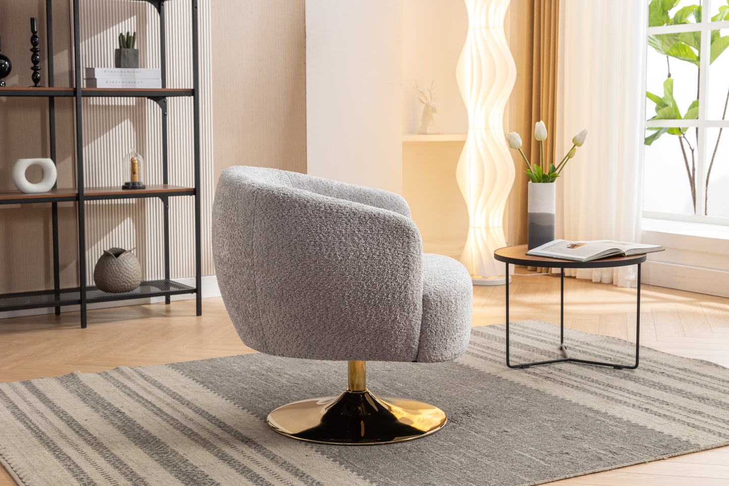 048-Chenille Fabric Accent Swivel Chair With Gold Metal Round Base,Light Gray