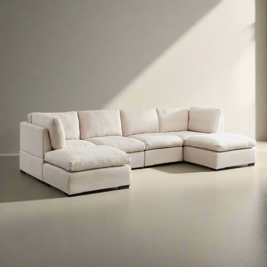 Beige U-Shape Modular Down Filled Sectional Sofa with Ottoman