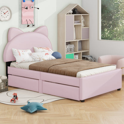 Twin Size Upholstered Platform Bed with Cartoon Ears Shaped Headboard and 2 Drawers, Pink