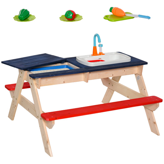 Kids Sand & Water Table, Picnic Table and Bench Set with Sandbox, Water Circulation Faucet