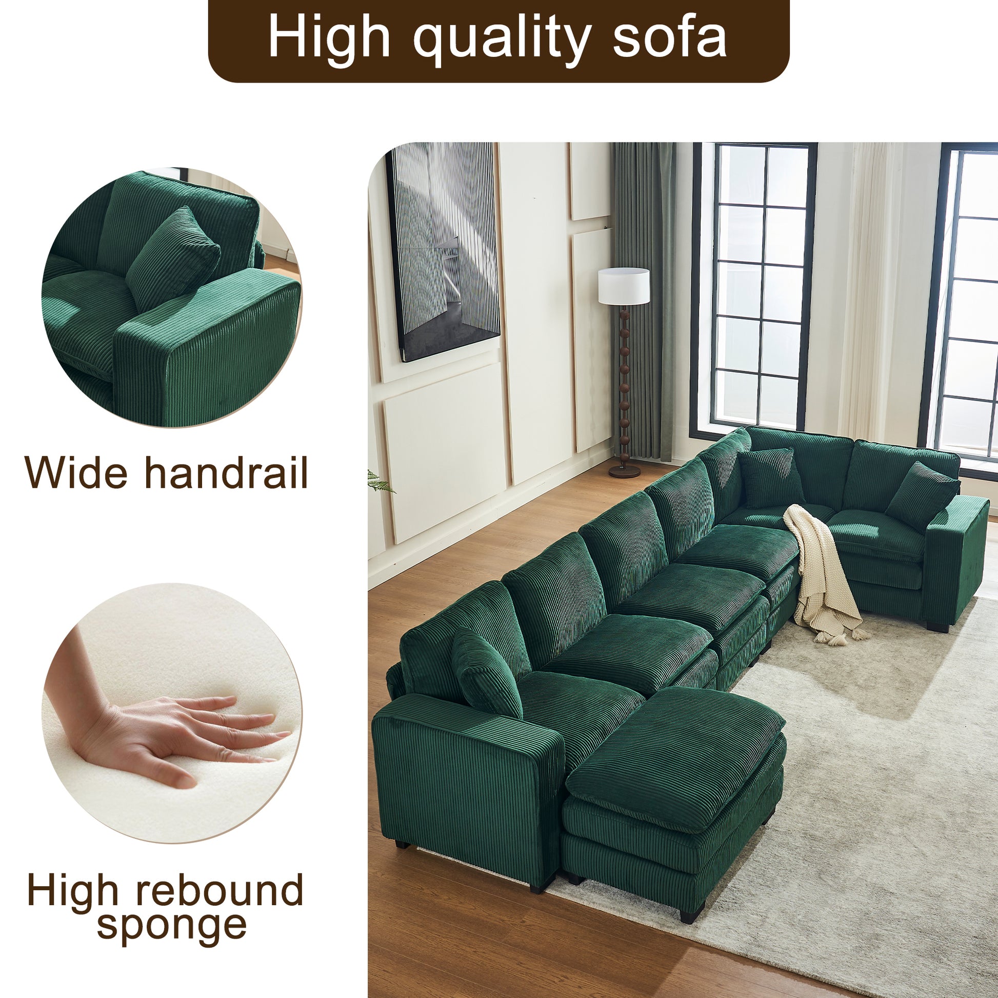 Modern U Shaped 6-seat Sectional Sofa Couch with one Ottoman and three toss pillows ,Modular Sofa for Living Room,Corduroy sofa