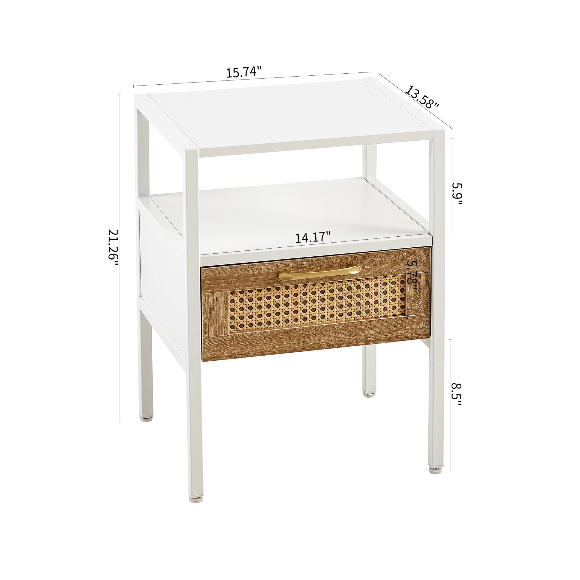 15.75" Rattan End table with  drawer, Modern nightstand, metal legs,side table for living room, bedroom,white(1 pc)