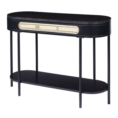 Black Oval Sofa Table with Bottom Shelf