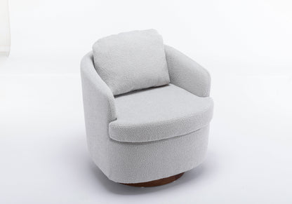 035-Boucle Fabric Swivel Accent Chair With Soild Wood Round Brown Base Leg,Light Gray